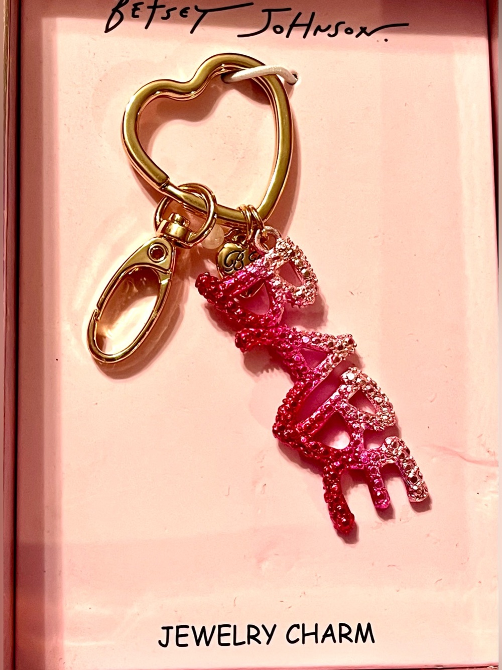 Betsey Johnson Gold Heart Keyring with Pink Jeweled 'Babe' Charm